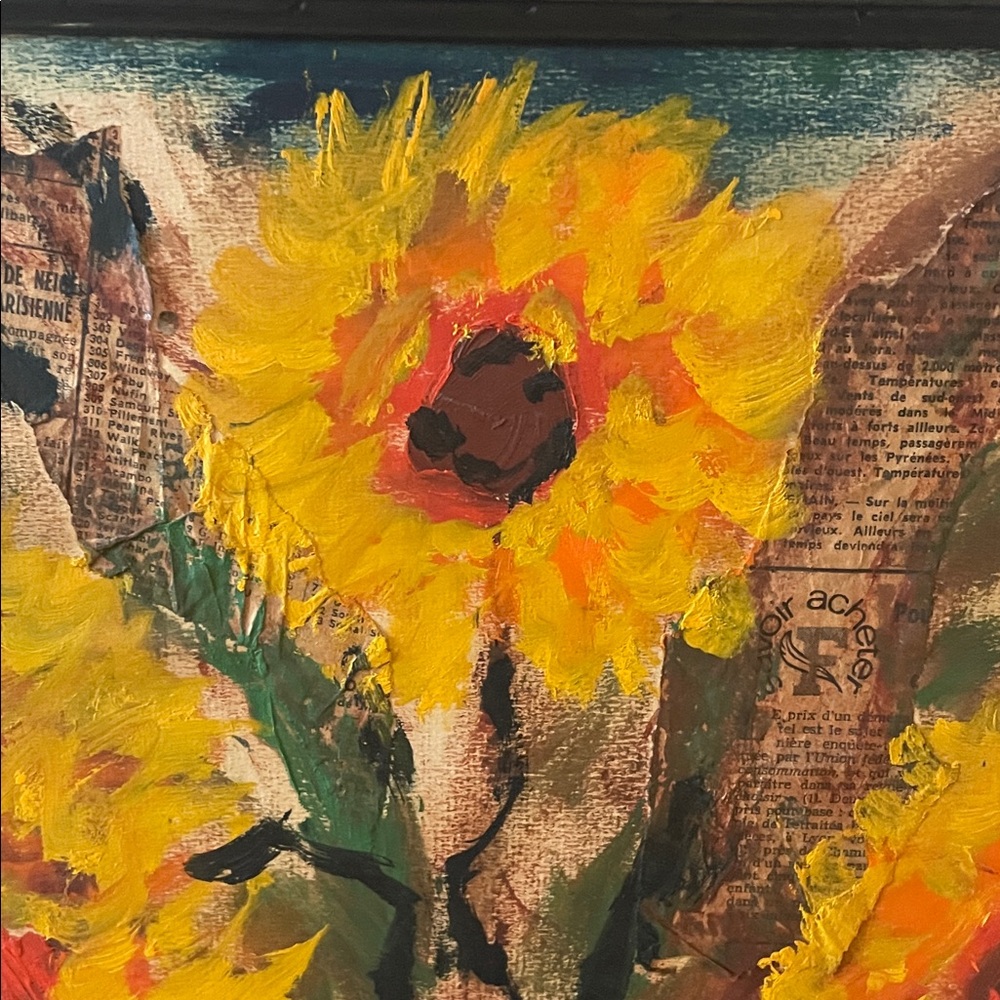 Sunflower Art Mixed Media Painting in Dark Green Frame ~ Etienne 1973 Rare art - Picture 4 of 16